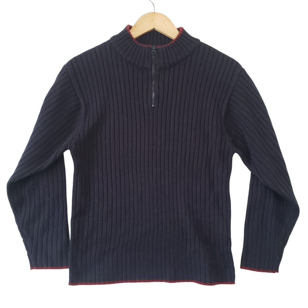 Vintage 90s Gnarly Kids Navy Ribbed Mock Neck Zip Up Sweater Size L Grunge Skate